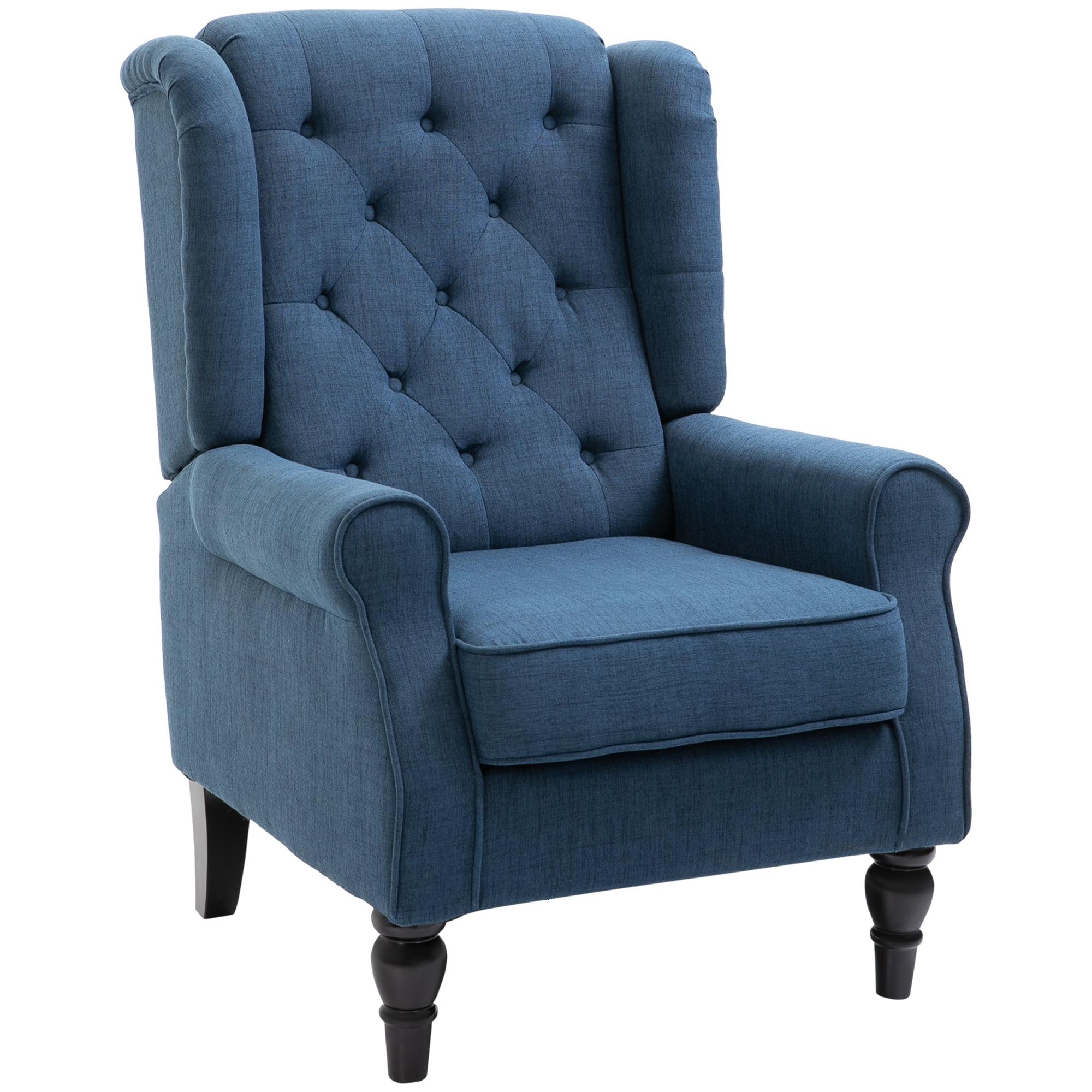 Blue Button-Tufted High Wingback Accent Chair with Wood Legs