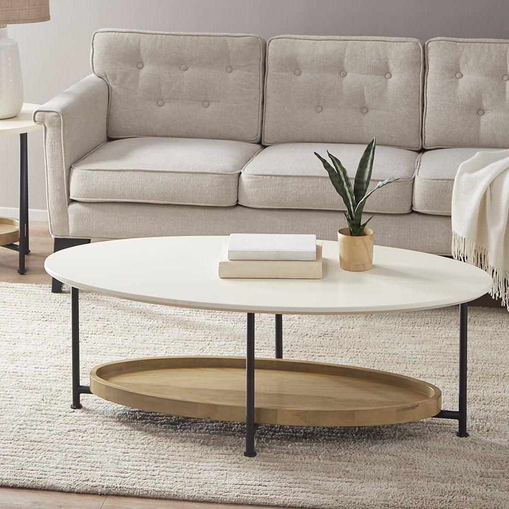 White and Natural Oval Wood Metal Coffee Table