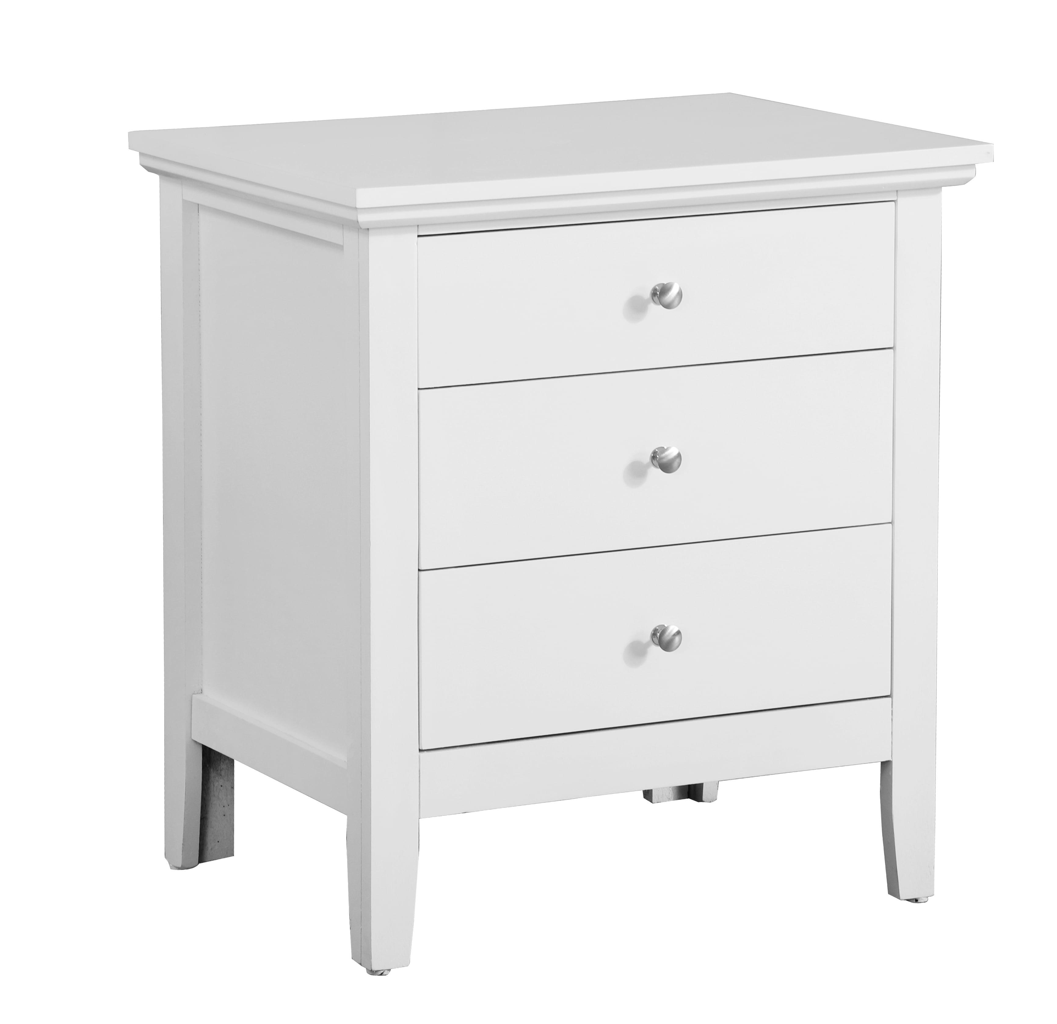 White Wood 3-Drawer Nightstand with Metal Knobs