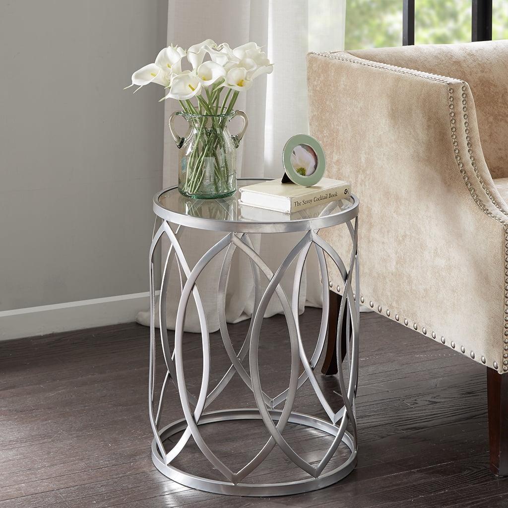 Gaige Metal Eyelet Accent Table - Pewter: Modern Round End, Tempered Glass Top, No Assembly Required