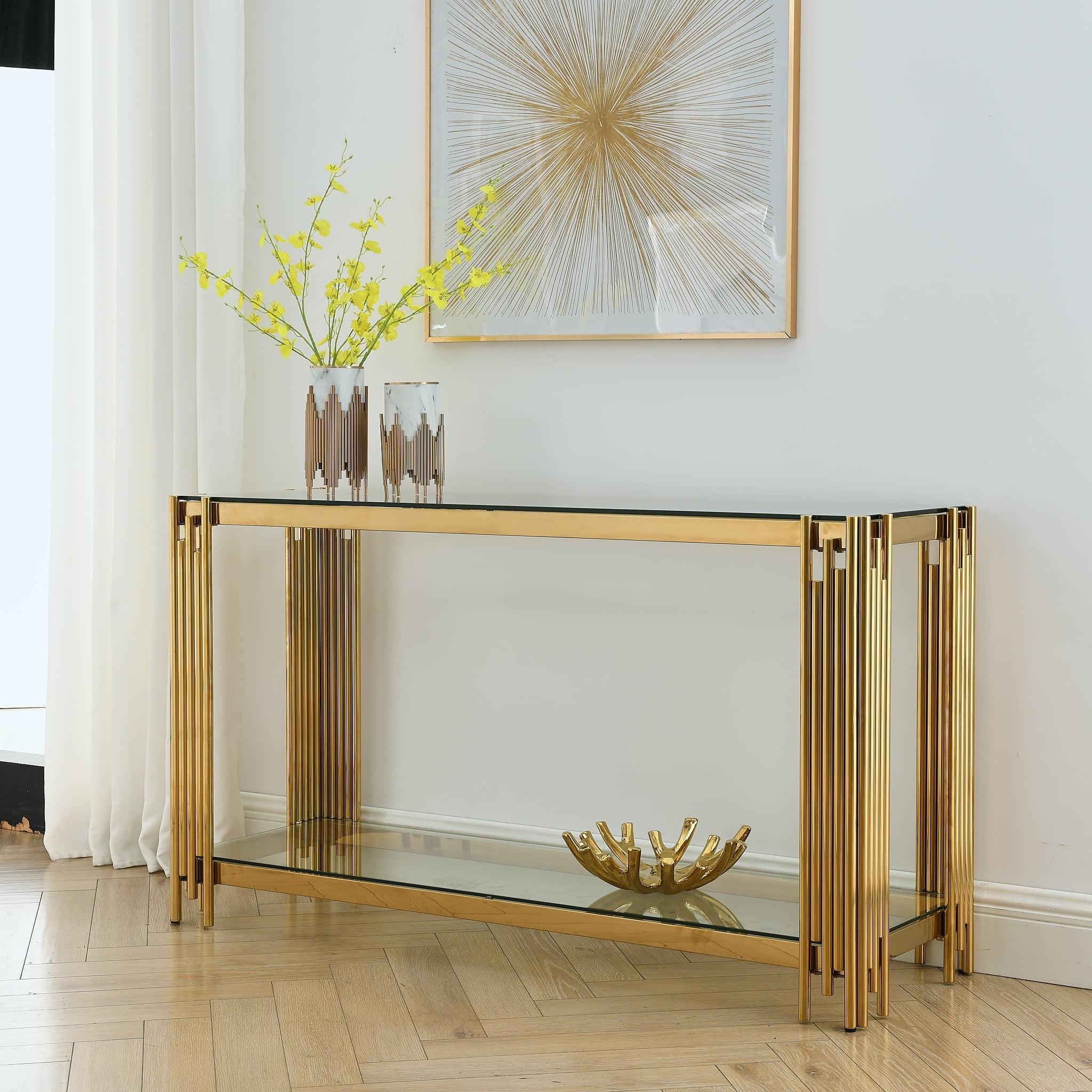 Gold and Clear Glass 55" Console Table with Metal Frame