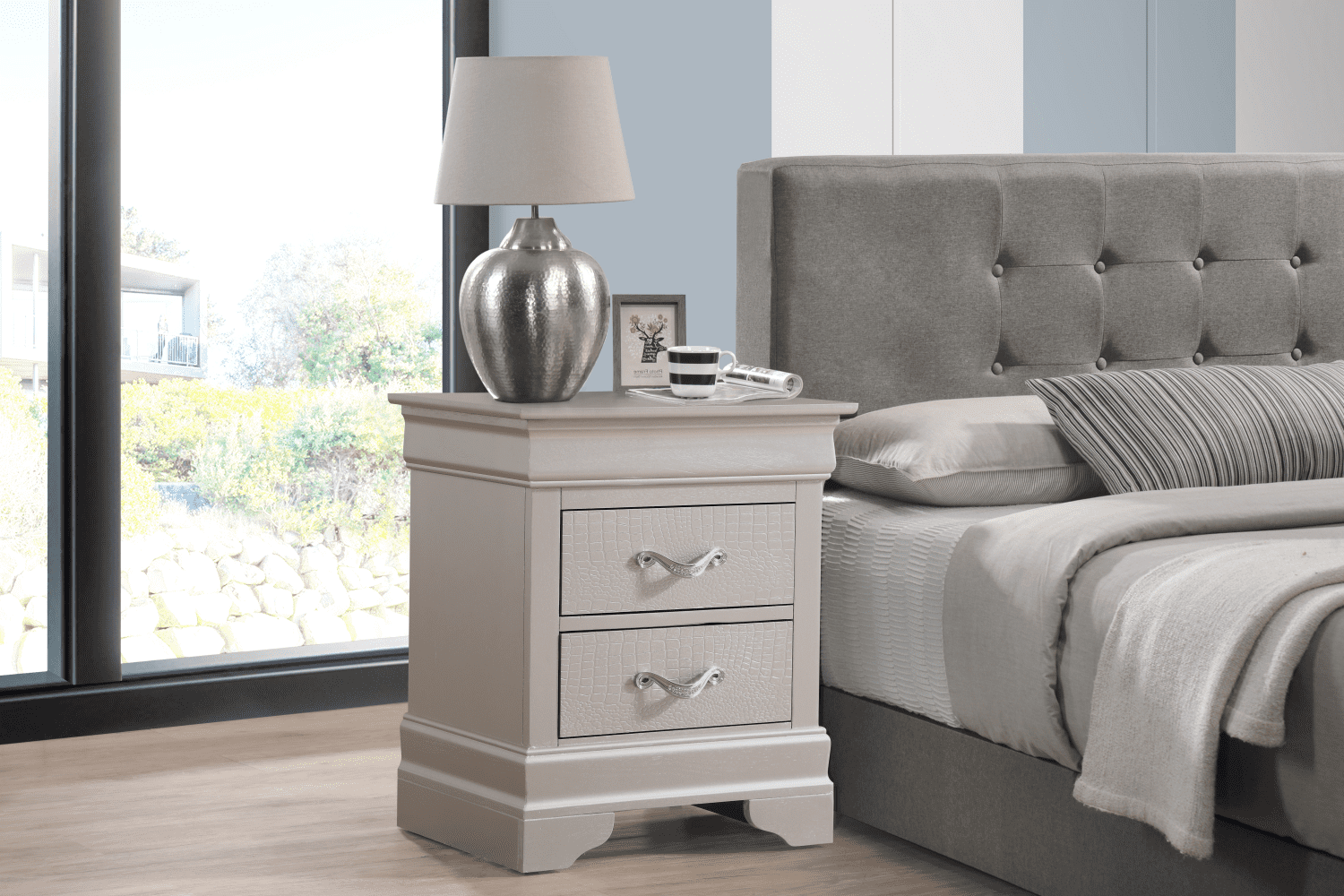 Lorana Silver Champagne 2-Drawer Crocodile Finish Nightstand