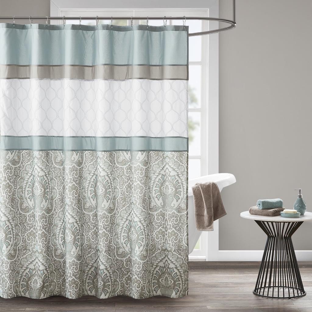 Seafoam and Beige Embroidered Microfiber Shower Curtain with Liner