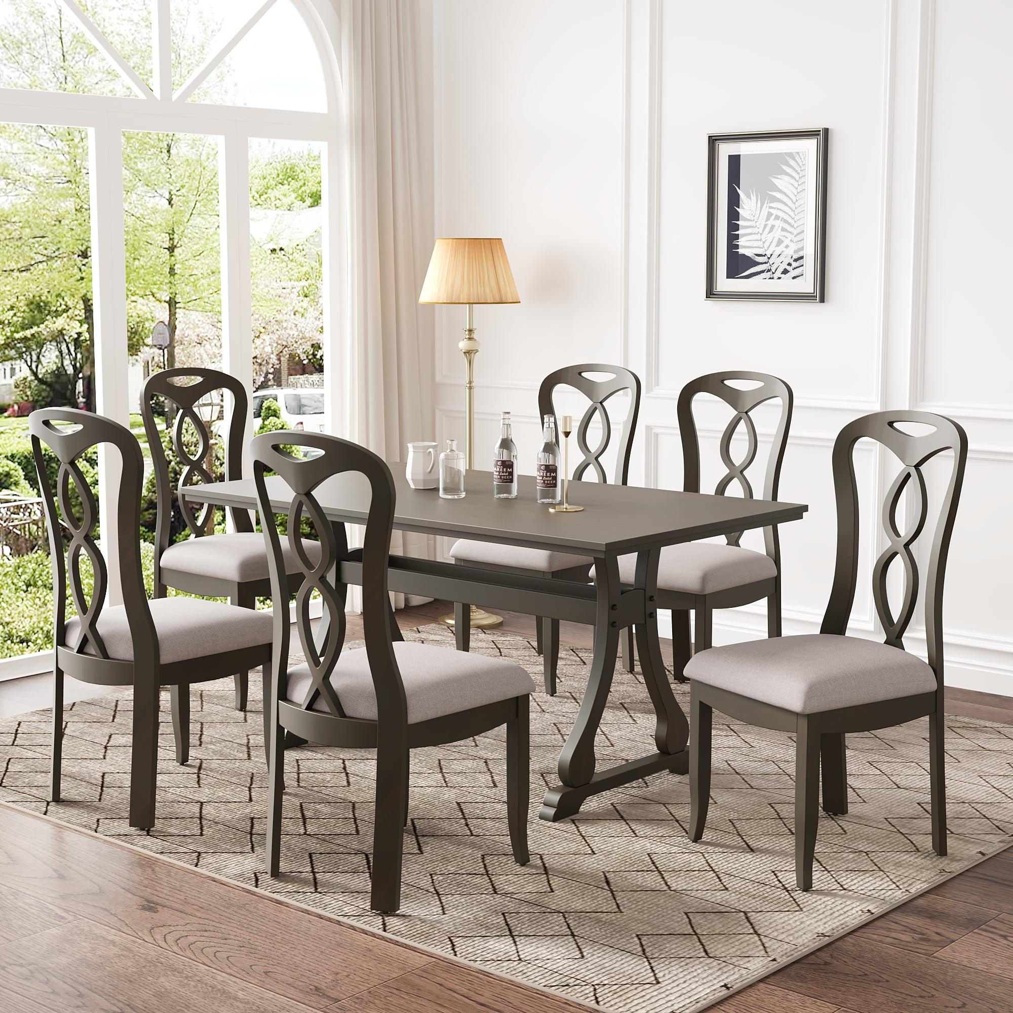 Gray 7-Piece Trestle Dining Table Set with Upholstered Chairs