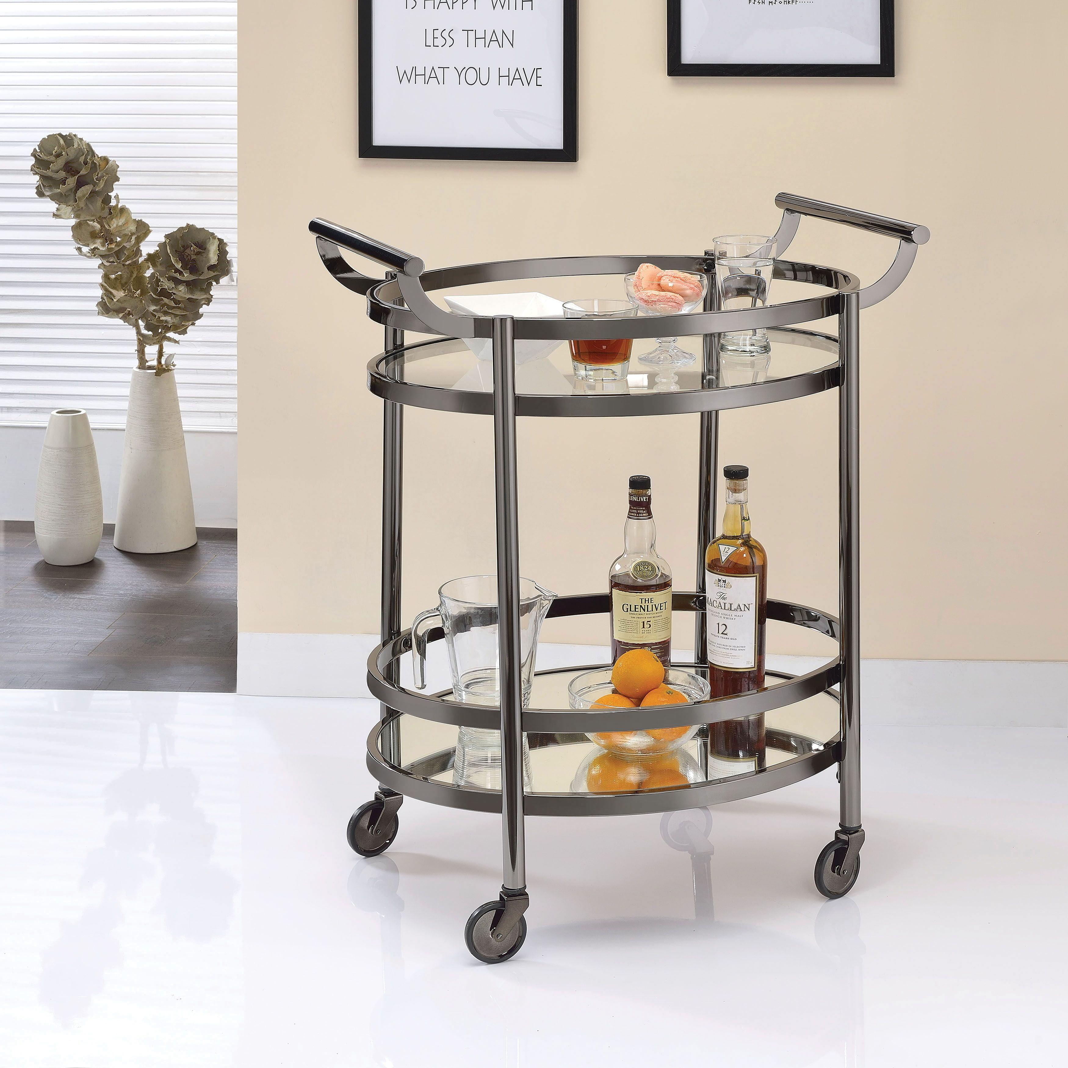 Elegant Oval Black Nickel Metal Serving Cart with Glass Shelves