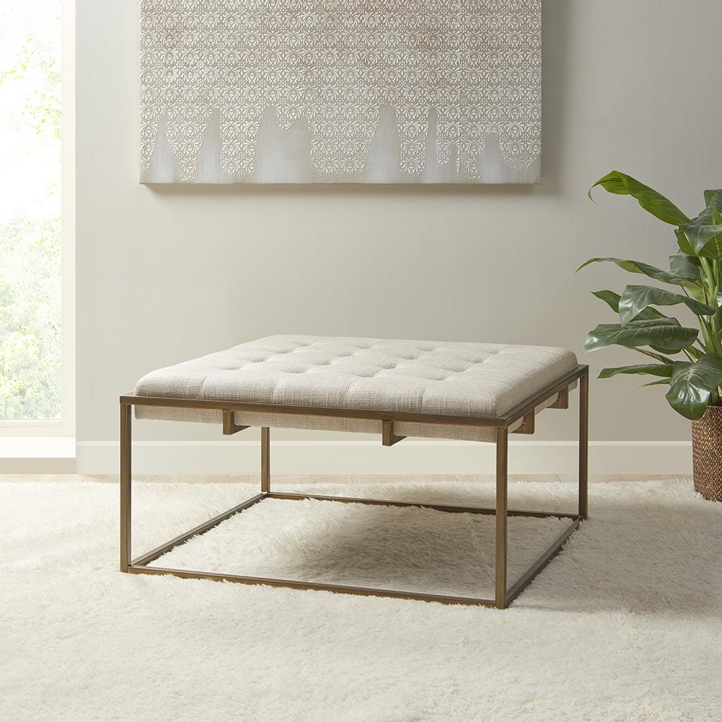 Ivory Tufted Square Ottoman with Bronze Metal Base