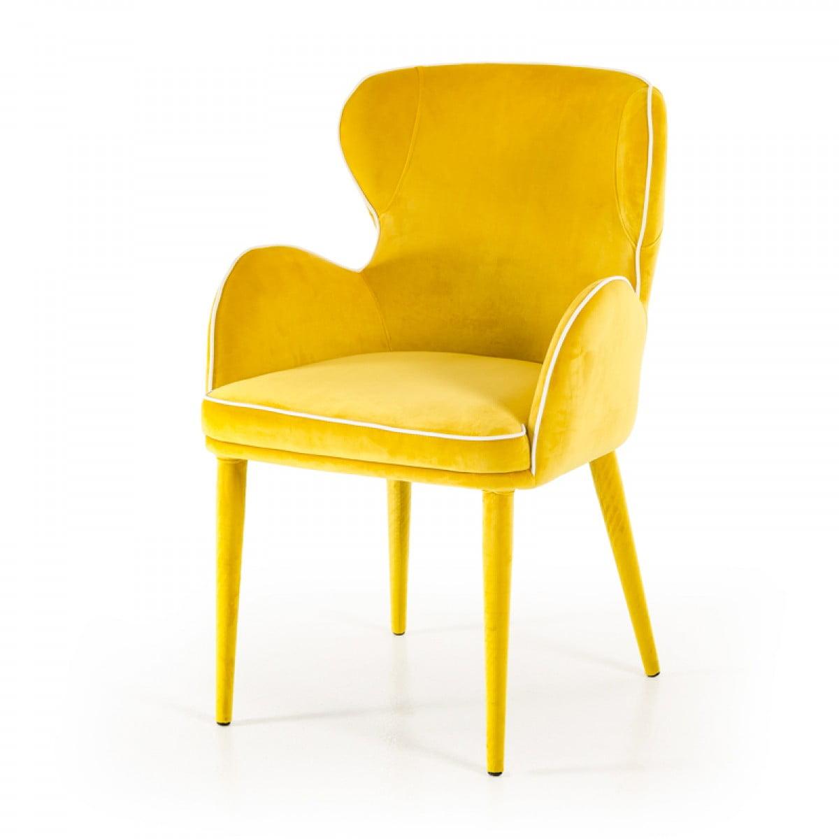 Chic Yellow Fabric Upholstered Metal Arm Chair with White Piping