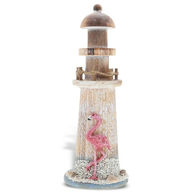 CoTa Global Flamingo Beach Lighthouse Decor - Handmade and Crafted Wooden Lighthouse Decoration with Sea Shells, Decorative Beach Style Tabletop Centerpiece, Nautical Themed Home Decor - 8.5 Inch