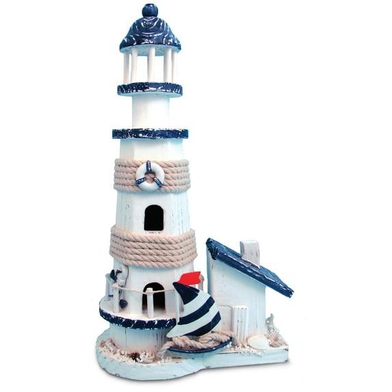 CoTa Global Ocean Blue Lighthouse Decor - Handmade and Crafted Wooden Lighthouse Decoration with Sailboat Figure Decorative Beach Style Tabletop Centerpiece, Nautical Themed Home Decor – 13.5 Inch