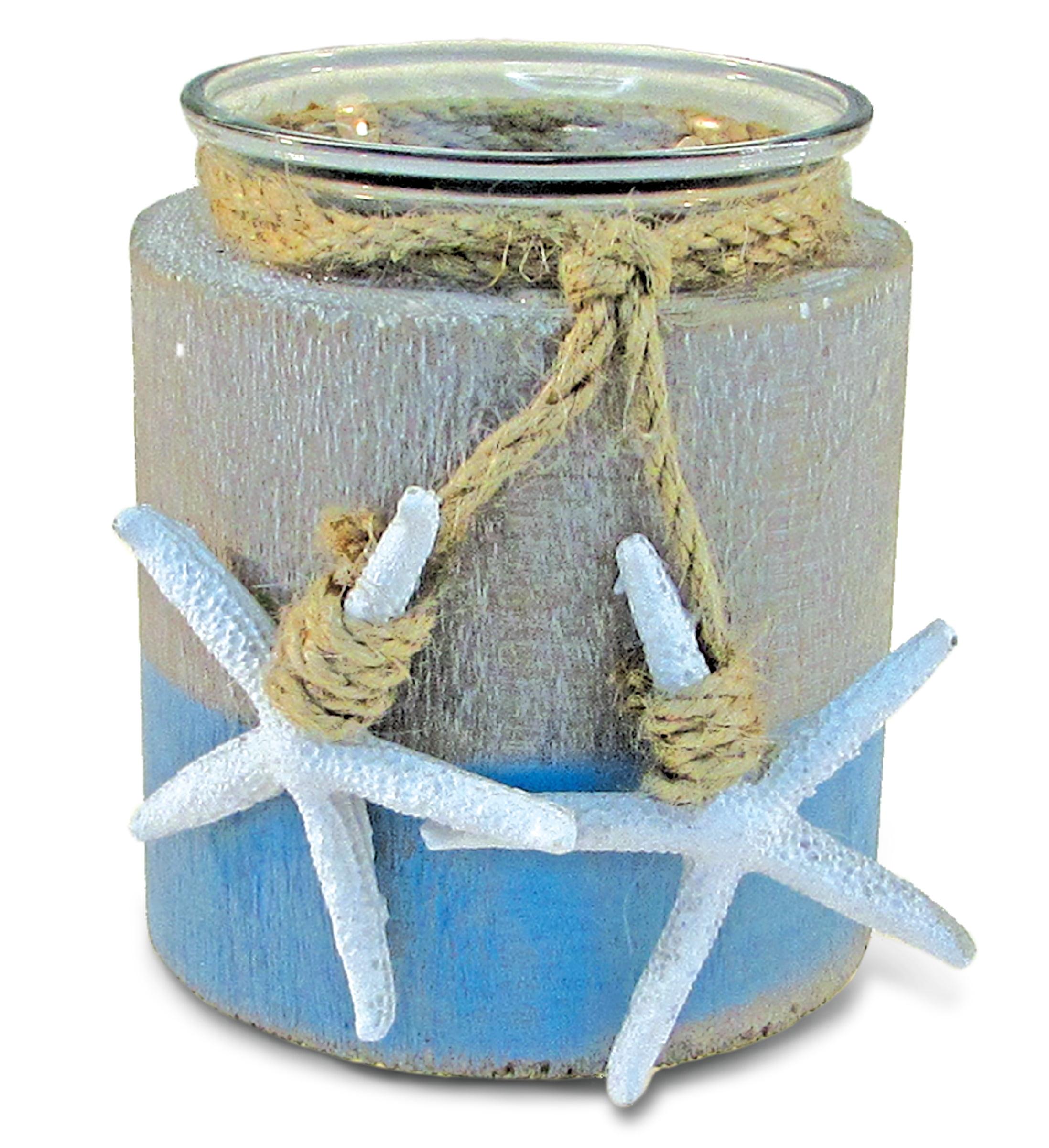 CoTa Global Ocean Breeze Wooden Pillar Candle Holder - Tabletop Coastal Decor Candle Holder with Hanging White Starfish, Ocean-Themed Blue Candle Holder Centerpieces - Handmade, Color May Vary