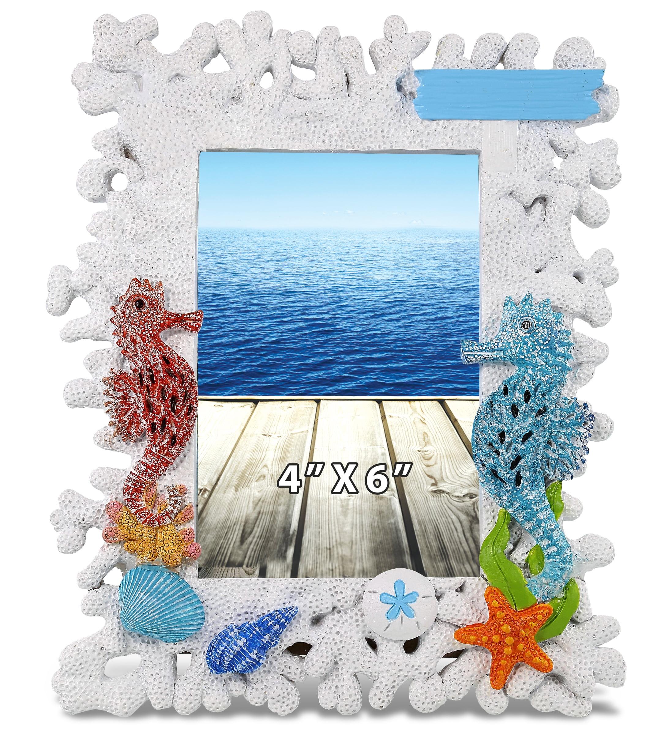 CoTa Global White Coral Seahorse 4x6 Nautical Frame - White Coral Photo Frame for Summer Vacation Memory, Handmade Tropical White Coral Reef Nautical Picture Frame For Tabletop or Wall Hang - 8 Inches