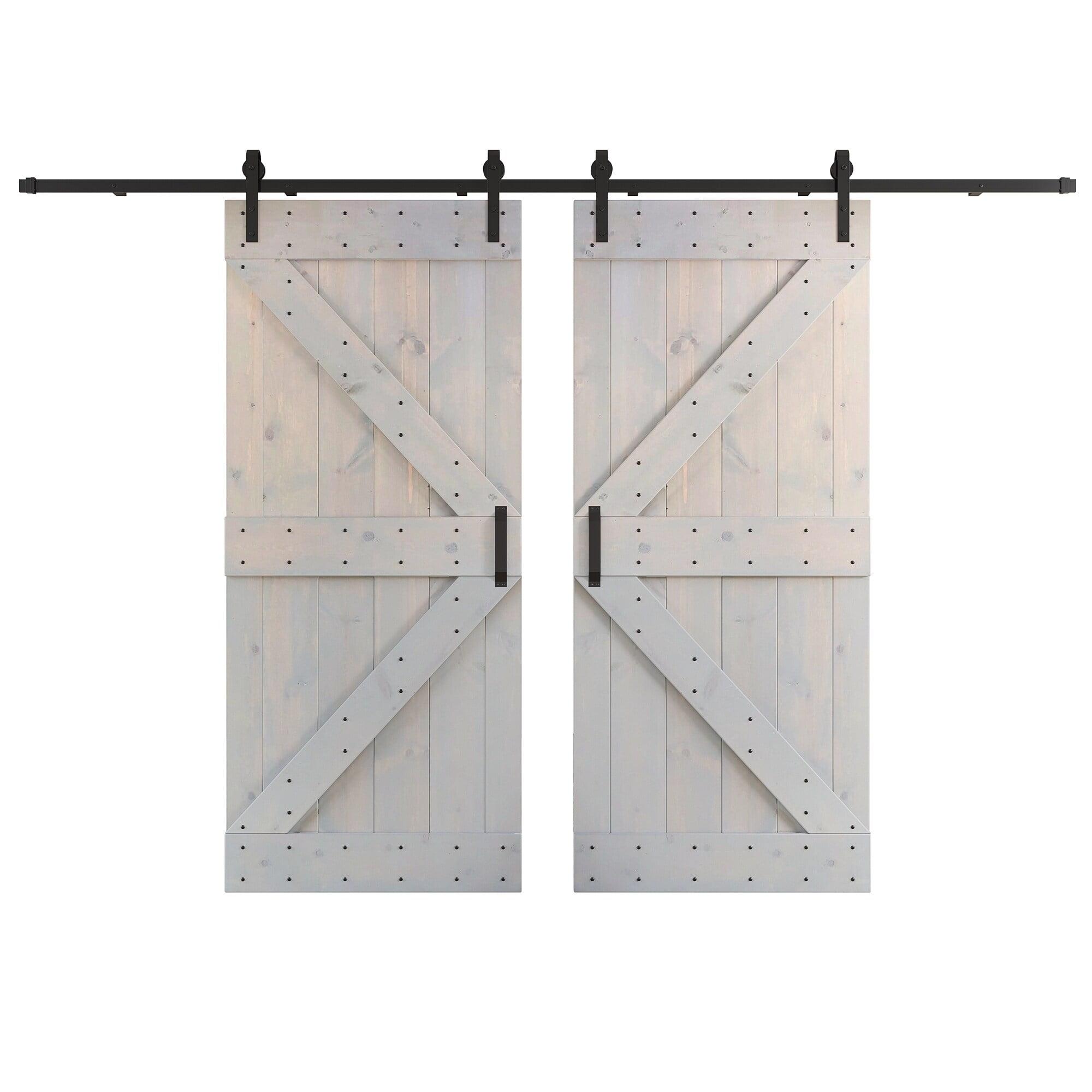 Light Grey Pine Wood Double Sliding Barn Door with Hardware Kit