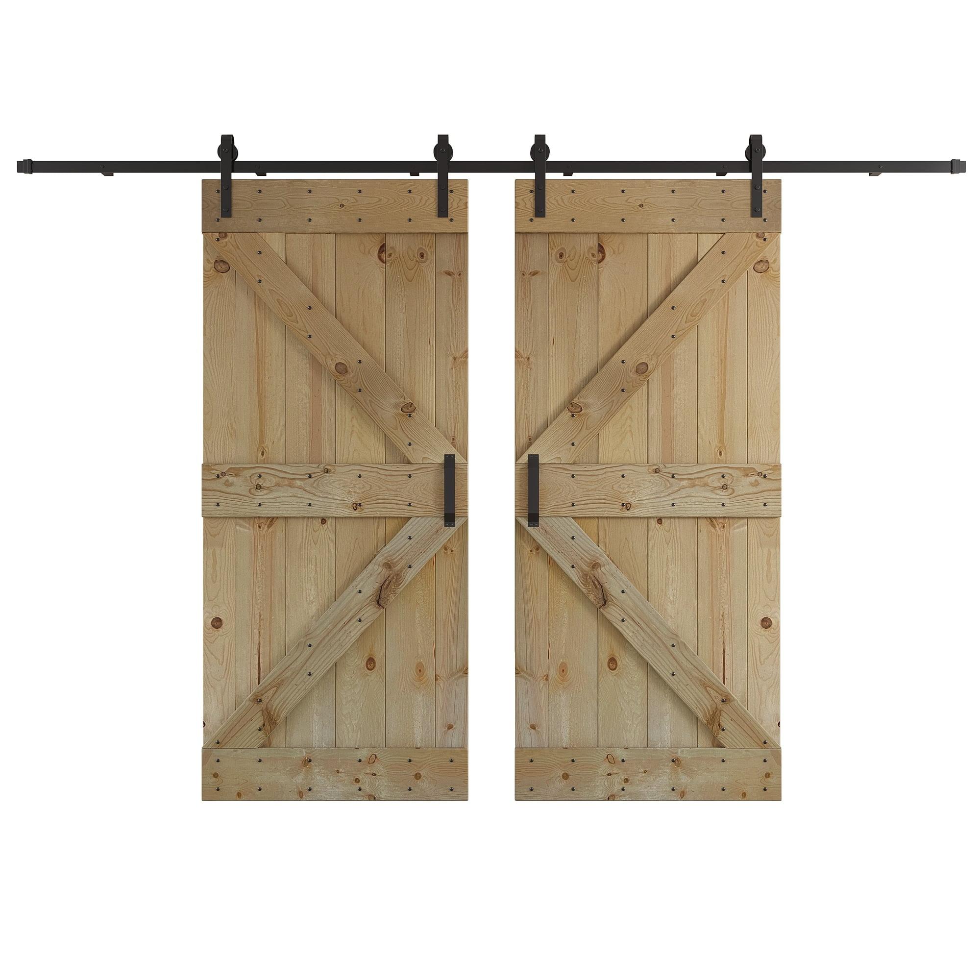 Unfinished Pine Wood Double Sliding Barn Door with Hardware Kit