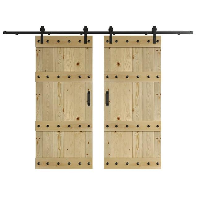 Castle Series Pine Wood Double Sliding Barn Door with Hardware Kit