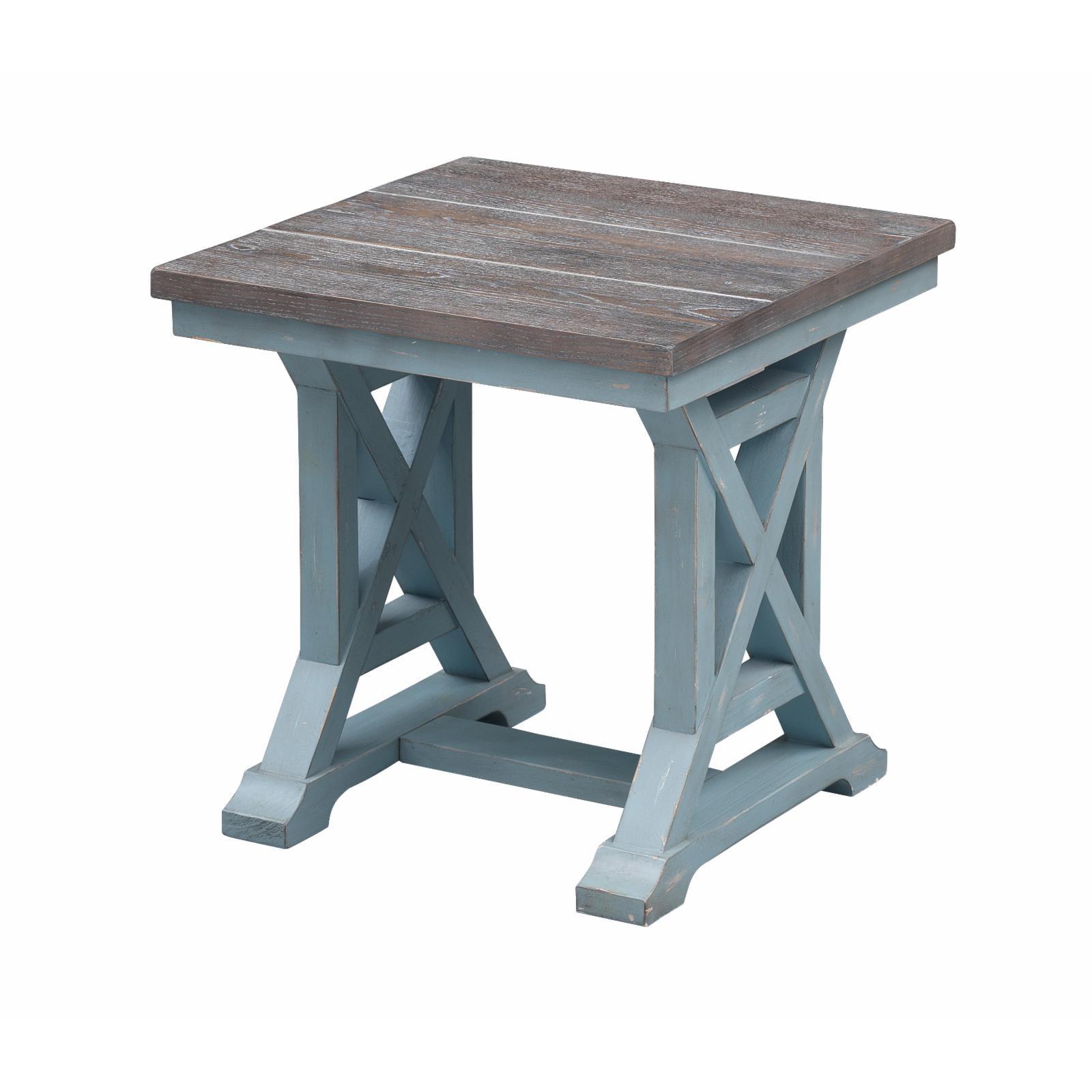 Blue Transitional Square Wood End Table with Trestle Base