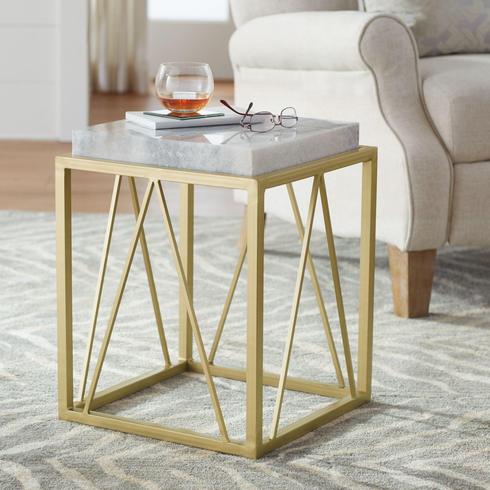 Coast to Coast Accents Modern Gold Powder-Coated Square Accent Table 15 1/2" White Gray Marble Tabletop Open Cage for Living Room