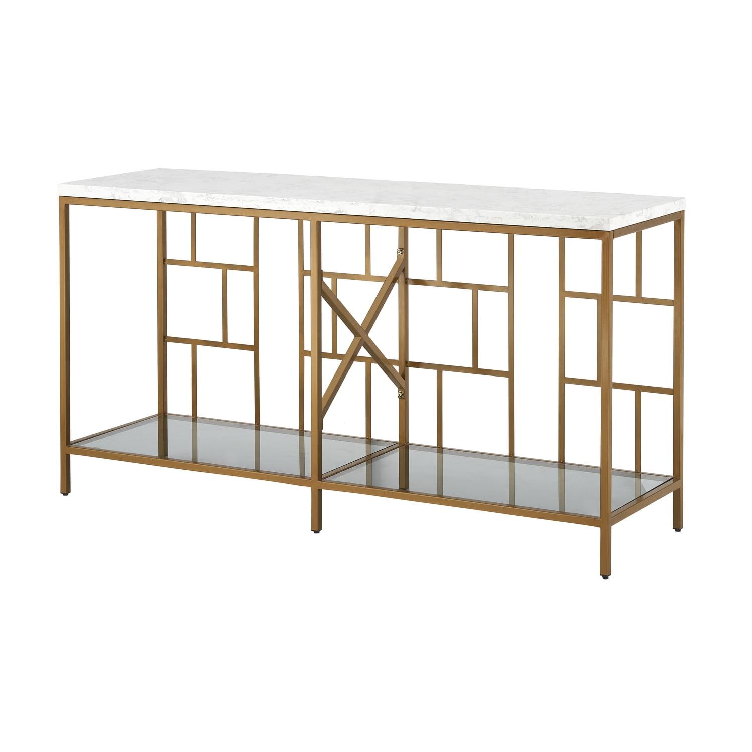 Gold and White Marble Top Console Table with Glass Shelf