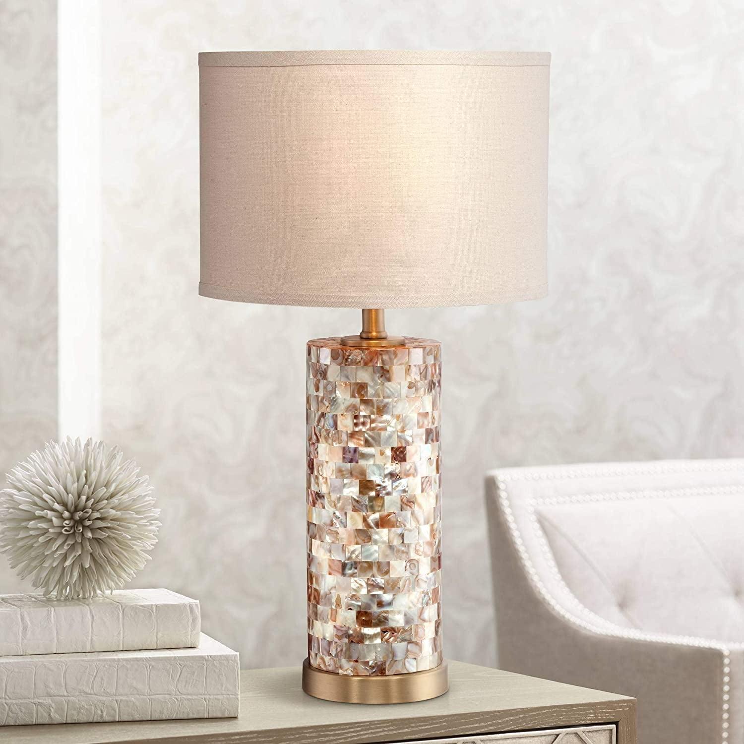 360 Lighting Margaret Coastal Accent Table Lamp 23" High Mother of Pearl Tile Cylinder Cream Linen Drum Shade for Bedroom Living Room Bedside Office