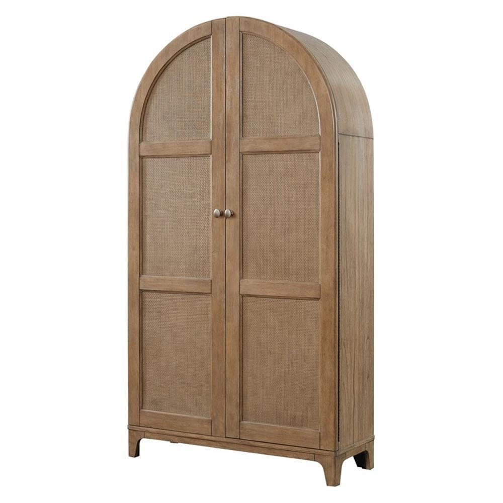 Coastal Brown Wood Arch Shaped Bar Cabinet with Rattan Front