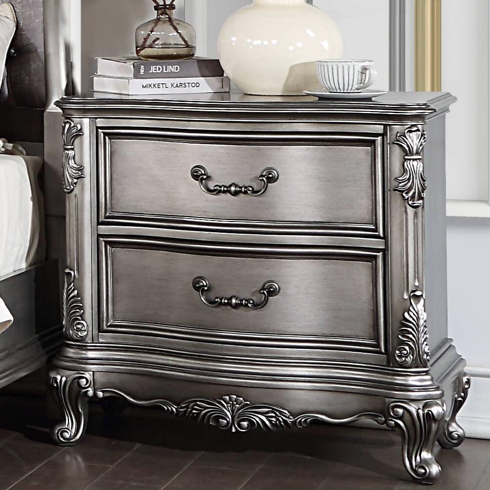 Antique Platinum 2-Drawer Nightstand with Intricate Carvings