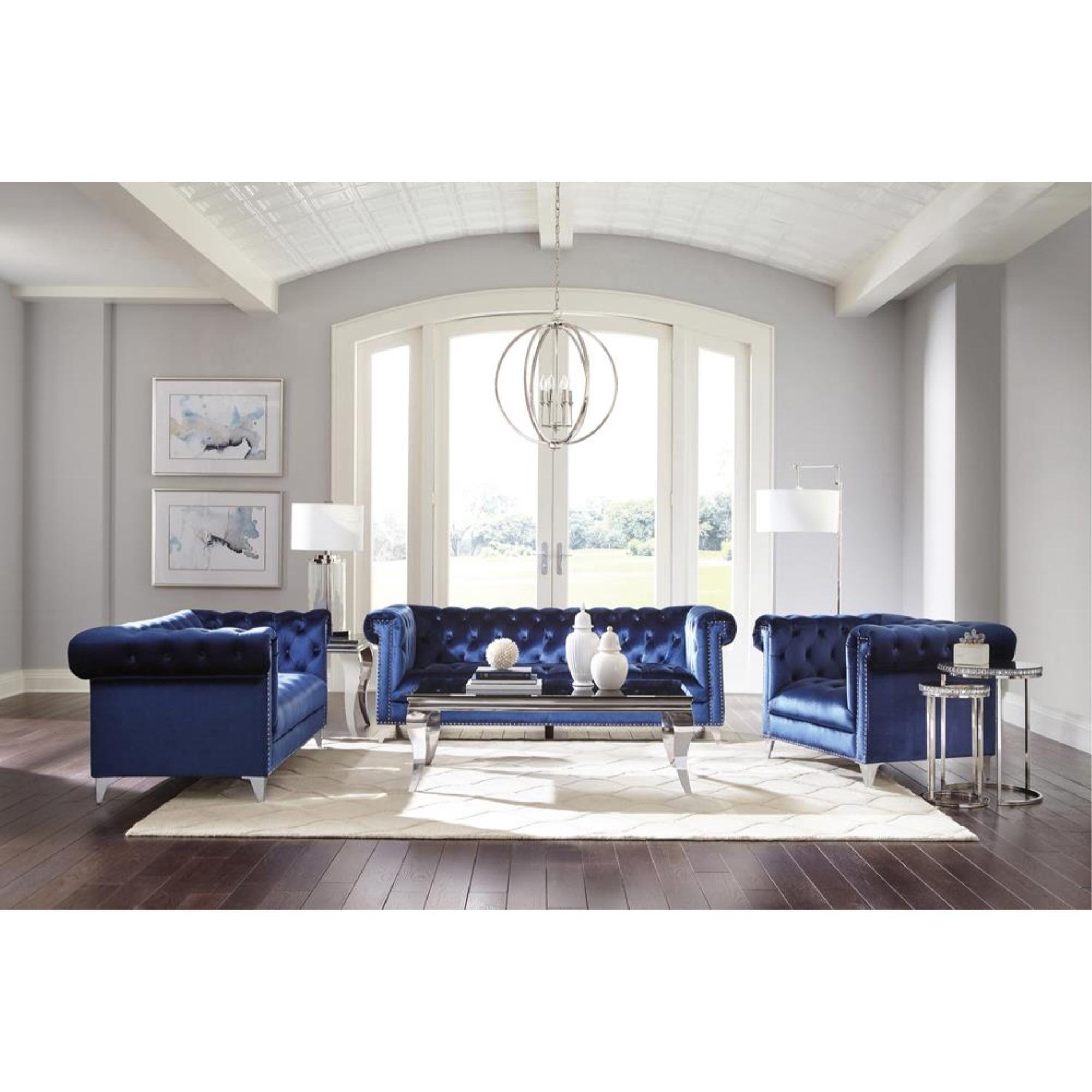 Blue Velvet 2-Piece Tufted Tuxedo Arm Sofa Set