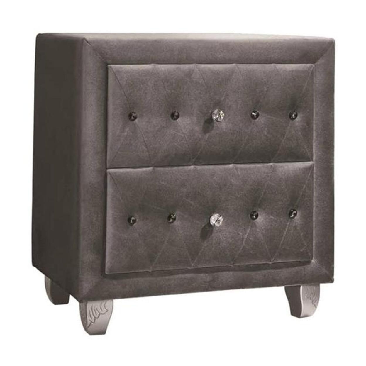 Gray Velvet 2-Drawer Nightstand with Crystal Pulls