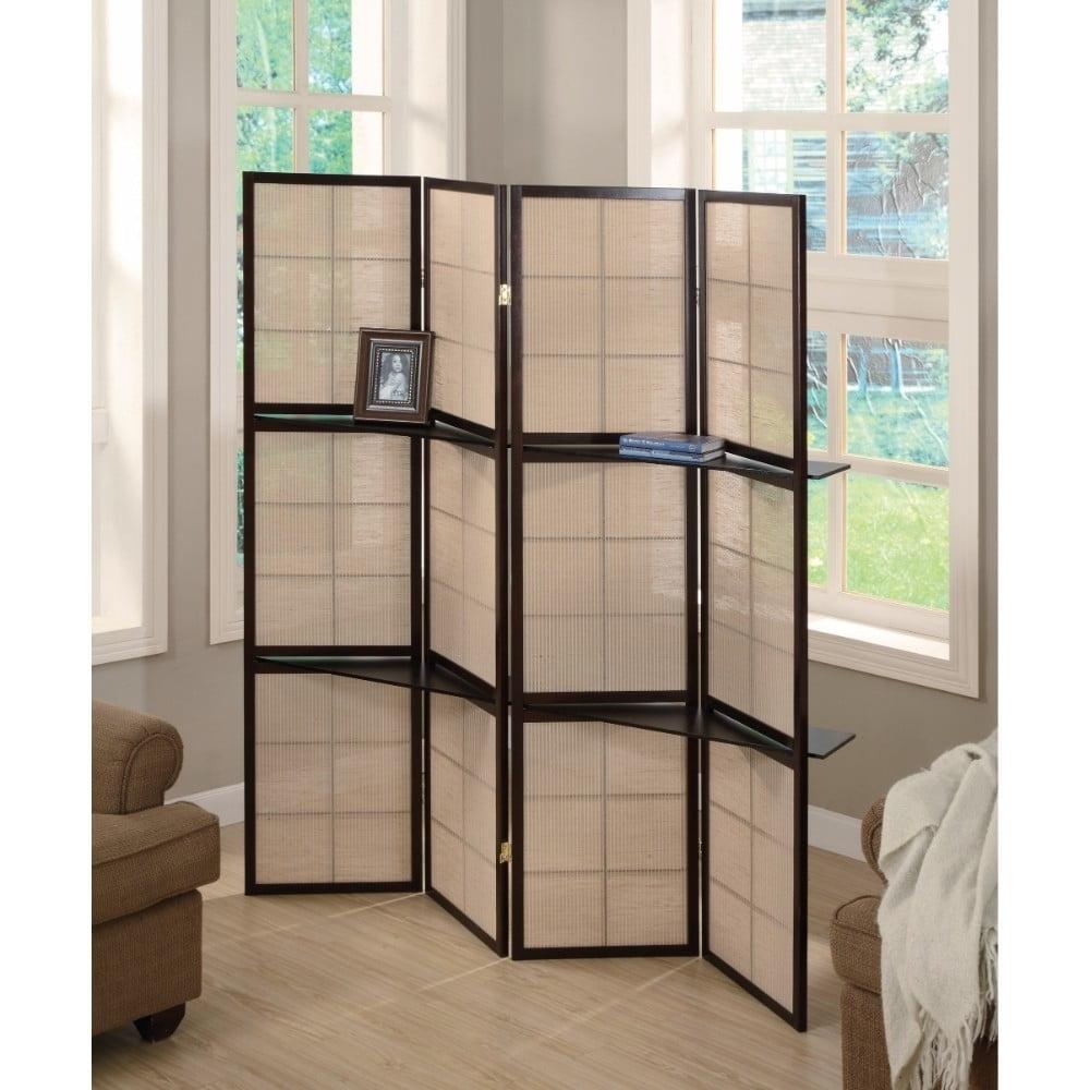 Transitional Brown 4-Panel Folding Room Divider with Shelves