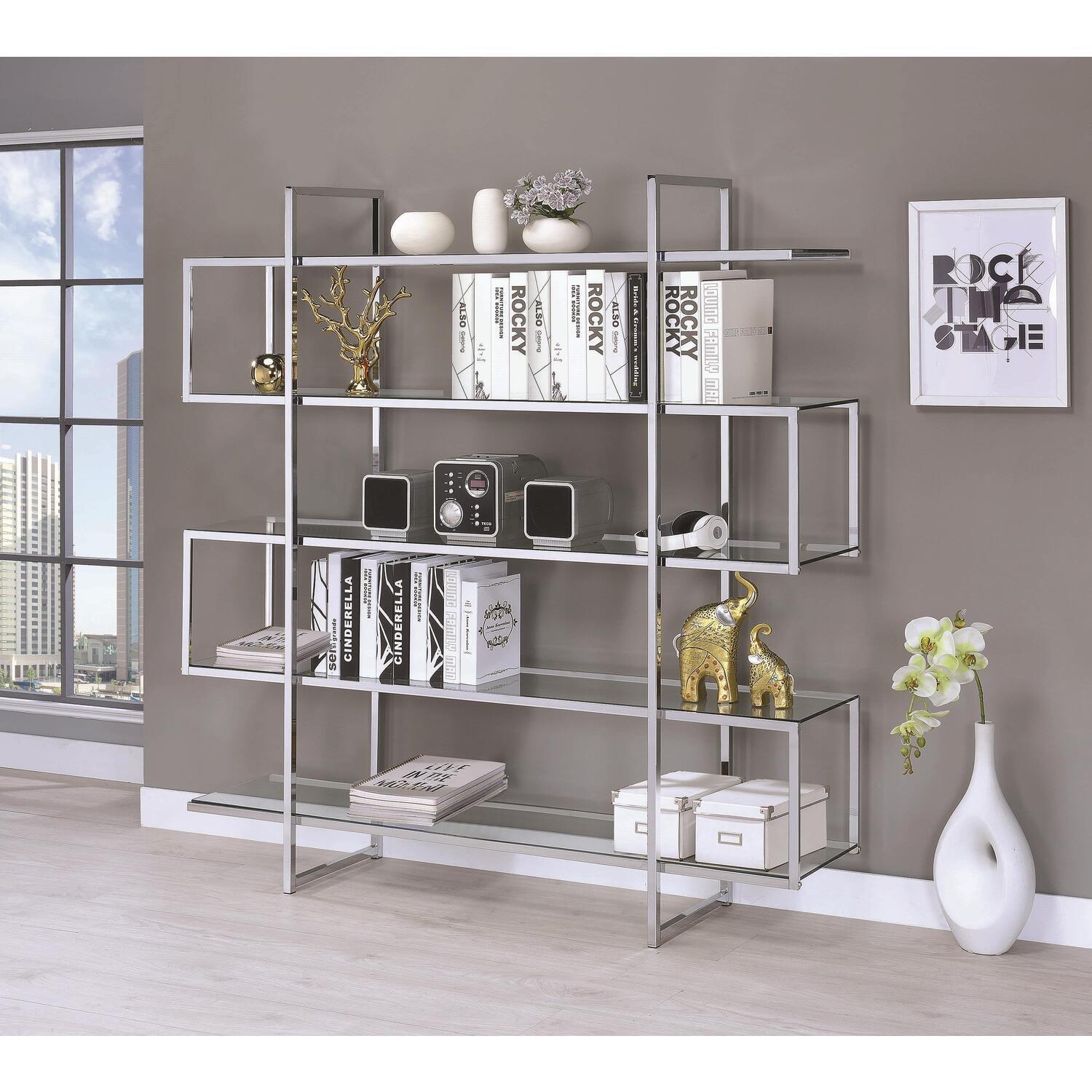 Chrome and Clear Glass 5-Tier Modern Bookcase