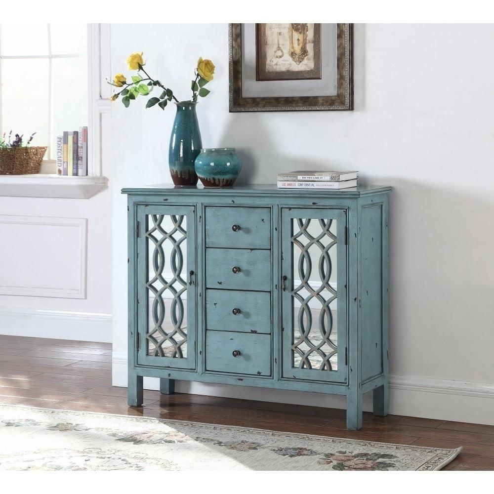 Antique Blue Wooden Accent Cabinet with Mirrored Doors