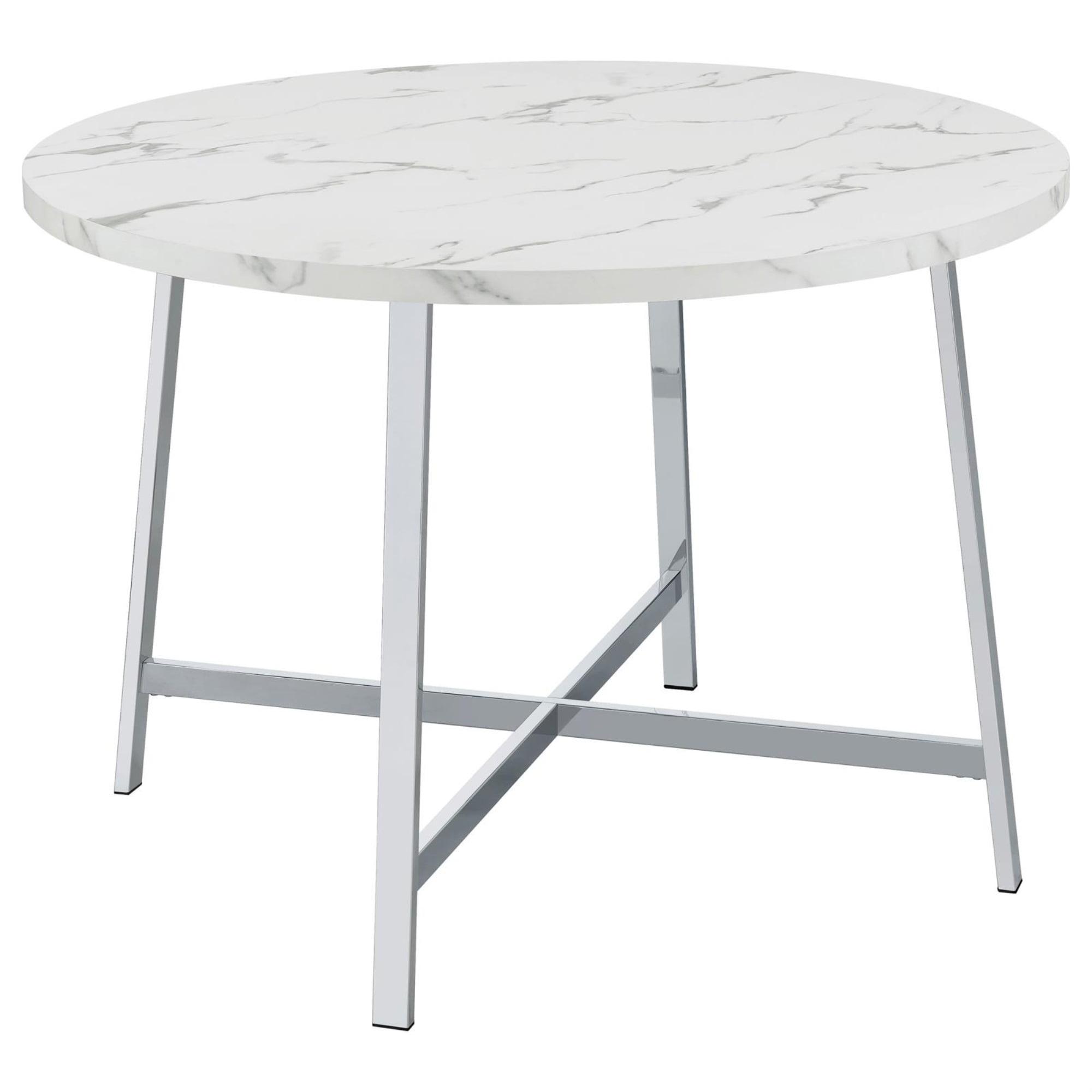 Round White Faux Marble and Chrome Dining Table