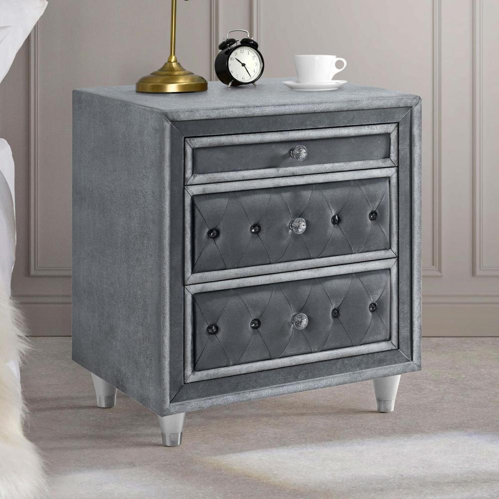 Coaster Antonella 3-drawer Velvet Upholstered Tufted Nightstand in Gray