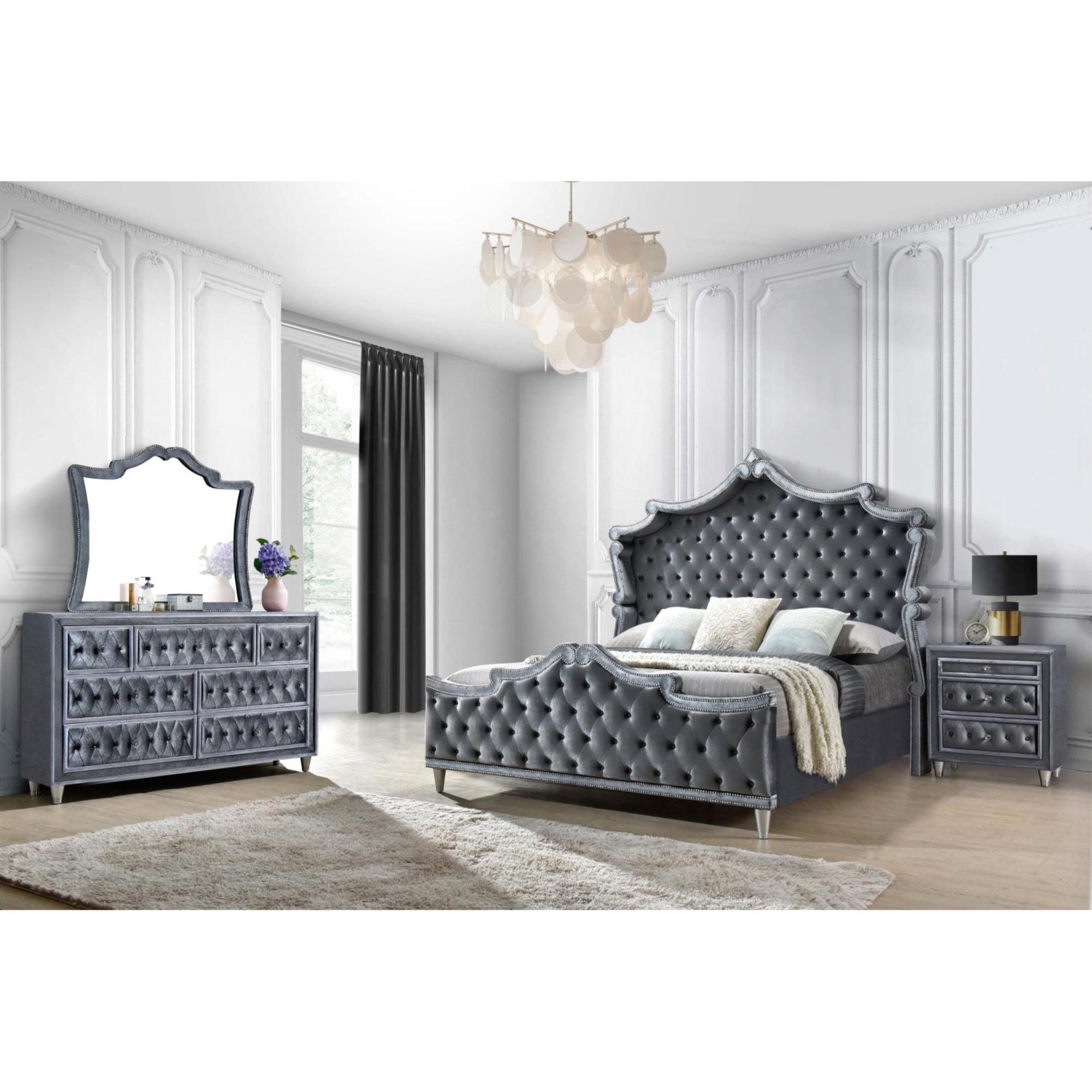 Coaster Antonella 4-Piece Velvet Upholstered Tufted Queen Bedroom Set in Gray