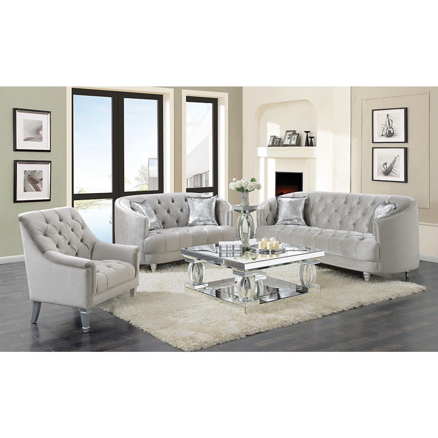 Coaster Avonlea Transitional Velvet Sloped Arm Tufted Loveseat in Gray