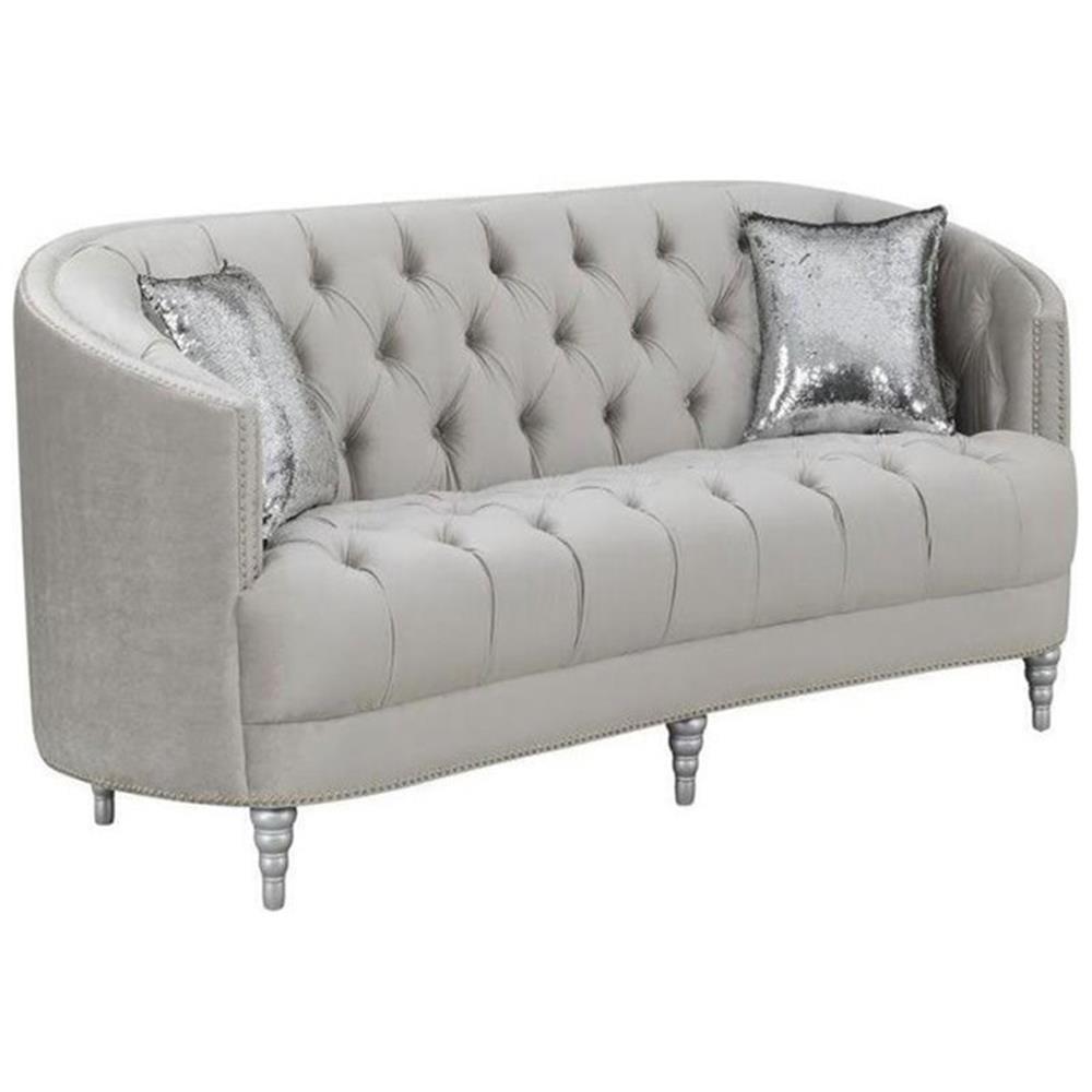 Coaster Avonlea Transitional Velvet Sloped Arm Tufted Loveseat in Gray
