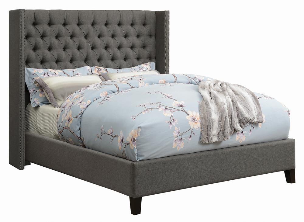 Elegant Gray Transitional Full Bed with Tufted Upholstery and Nailhead Trim