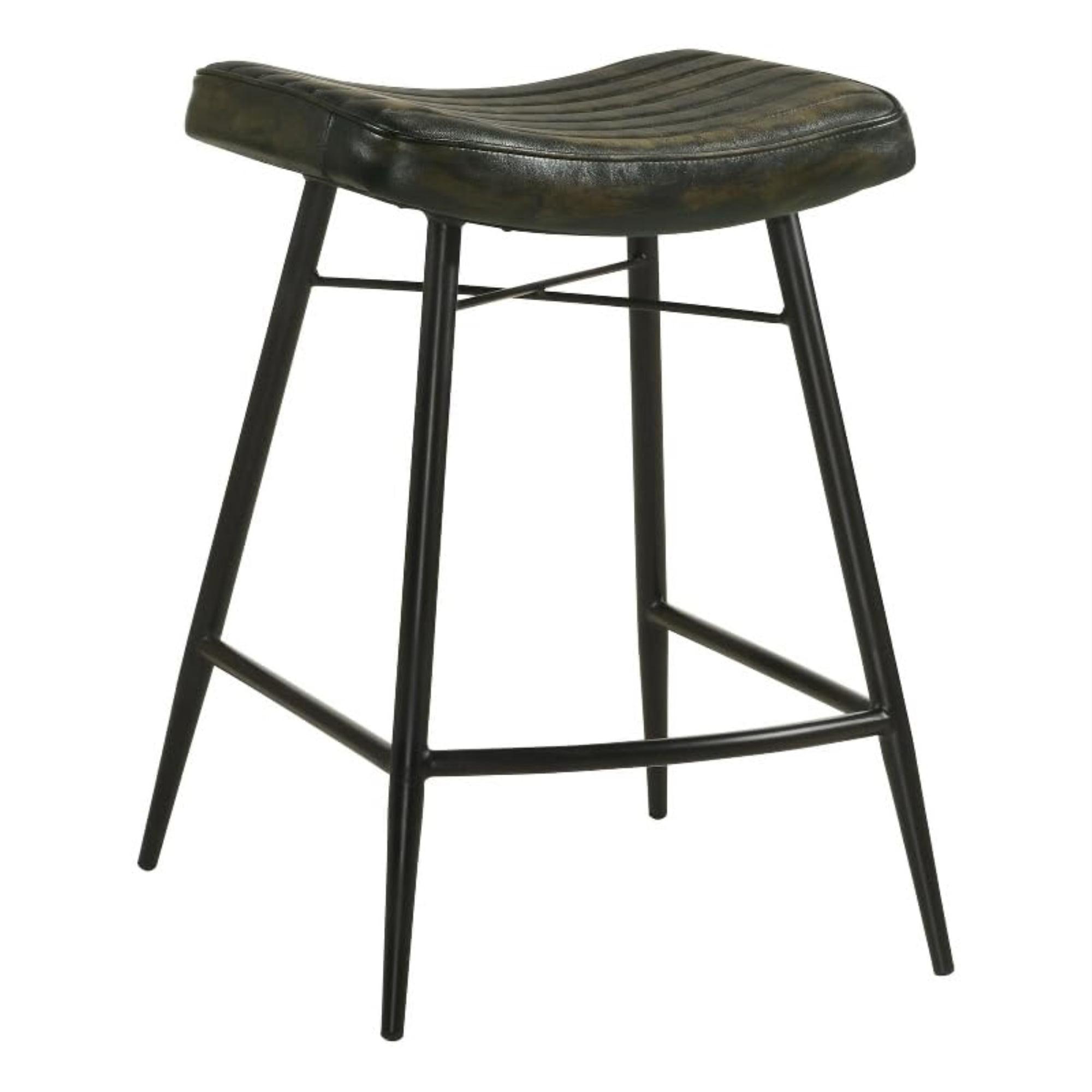 Bayu Dark Brown Leather Saddle Counter Stool with Metal Base