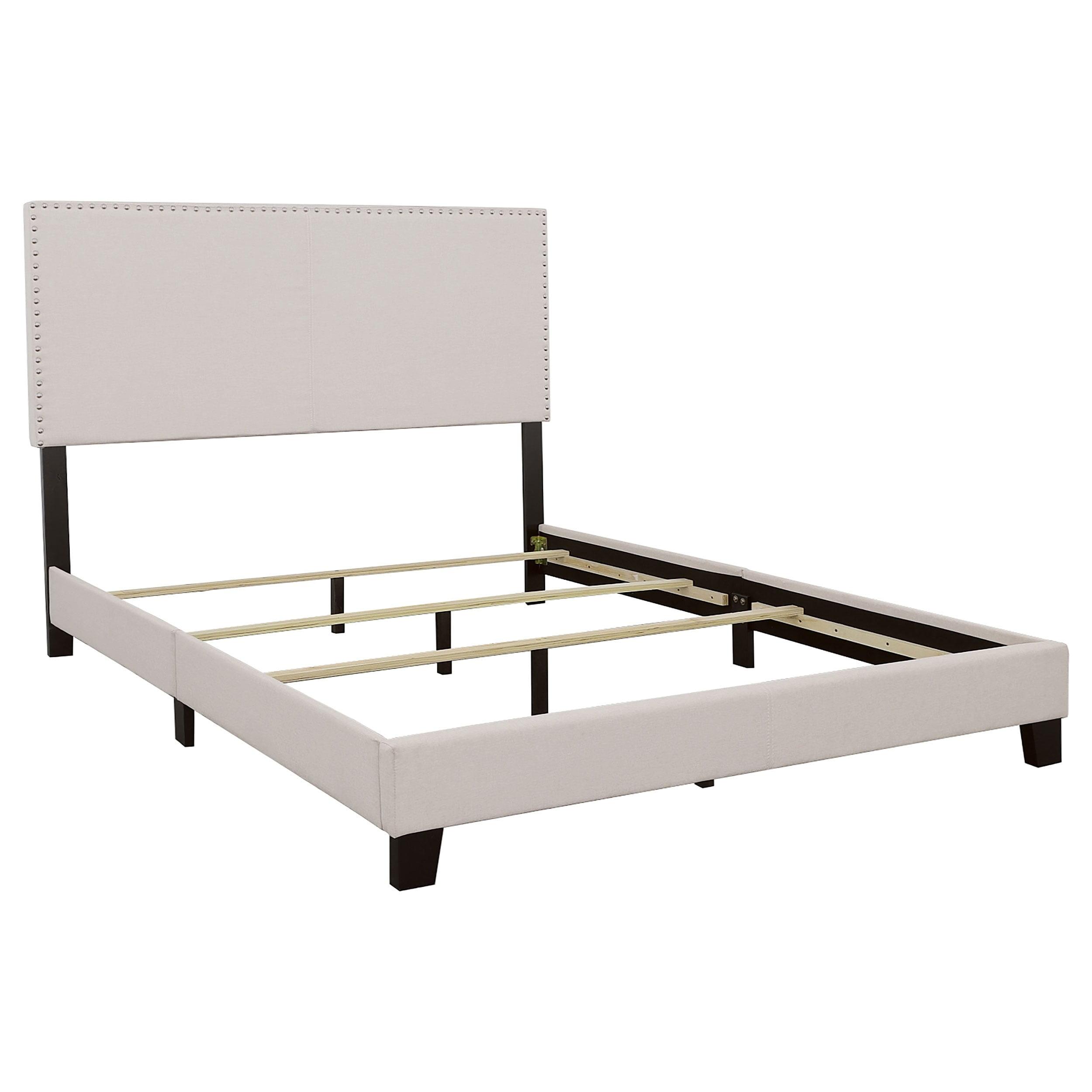 Contemporary Ivory Full Upholstered Bed with Nailhead Trim and Storage Drawer