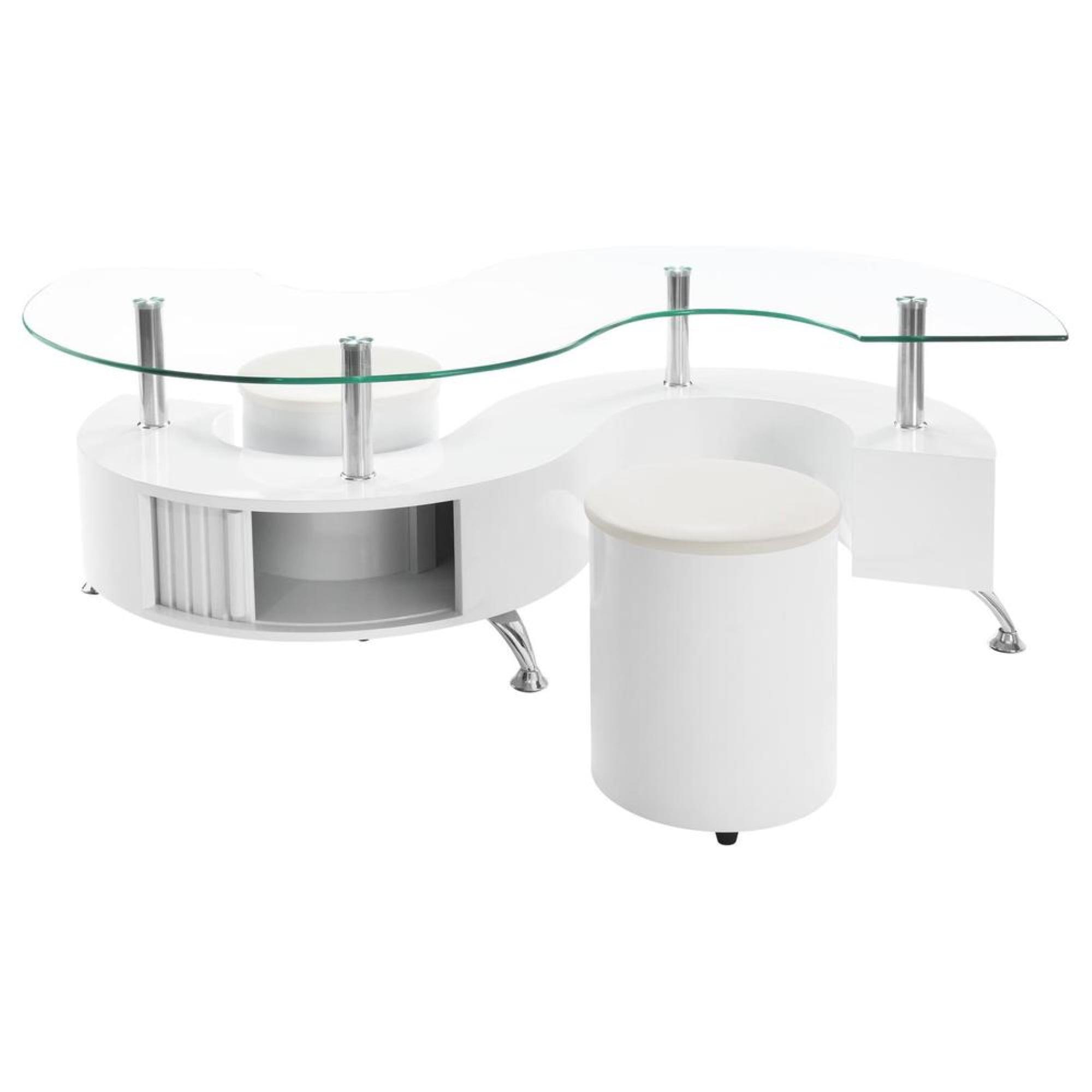 Coaster Buckley Wood Curved Glass Top Coffee Table With Stools in White