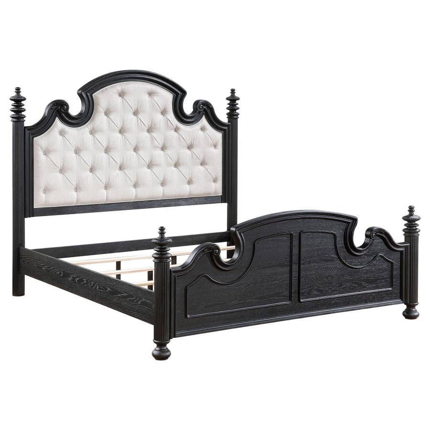 Celina King Black Wood Bed with Beige Tufted Upholstered Headboard