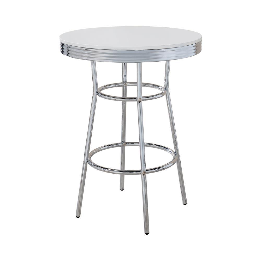 Contemporary Chrome and White Round Wood-Glass Bar Table