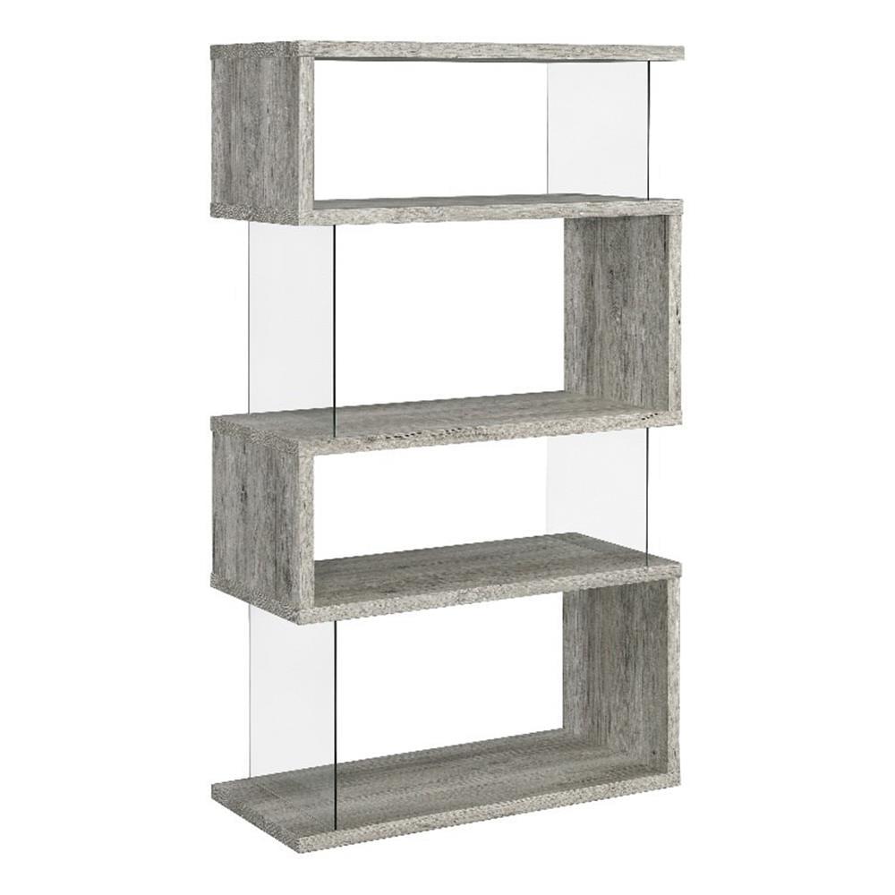 Coaster 63" Emelle 4 Shelf Zig Zag Bookcase with Glass Panels Gray Driftwood: Modern Style, Laminated Melamine Veneer, Metal Hardware