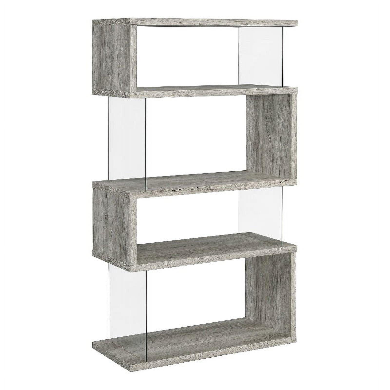 Coaster 63" Emelle 4 Shelf Zig Zag Bookcase with Glass Panels Gray Driftwood: Modern Style, Laminated Melamine Veneer, Metal Hardware