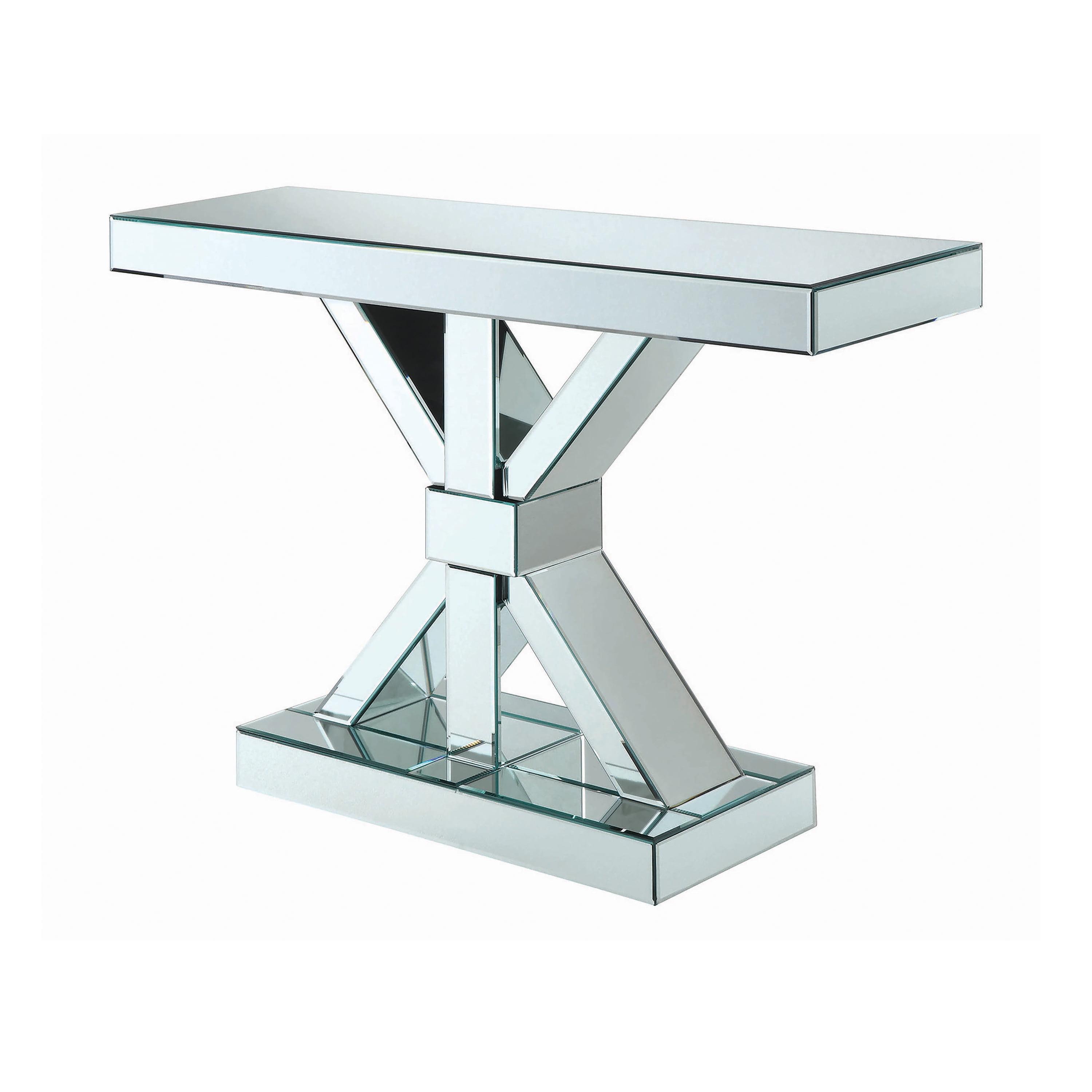 Mirrored Glass and Wood X-Base Console Table