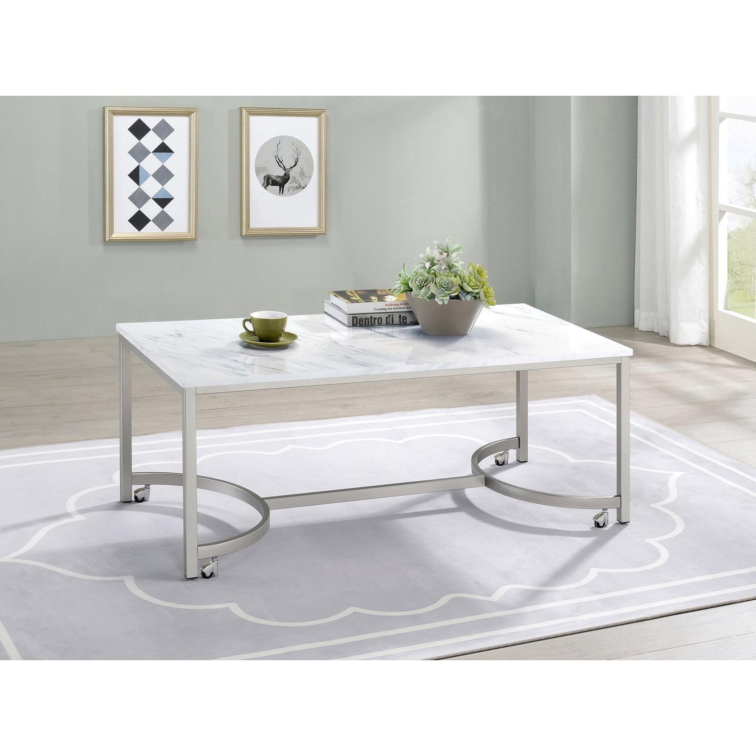 Contemporary Mobile Rectangular Coffee Table in Faux Marble and Satin Nickel