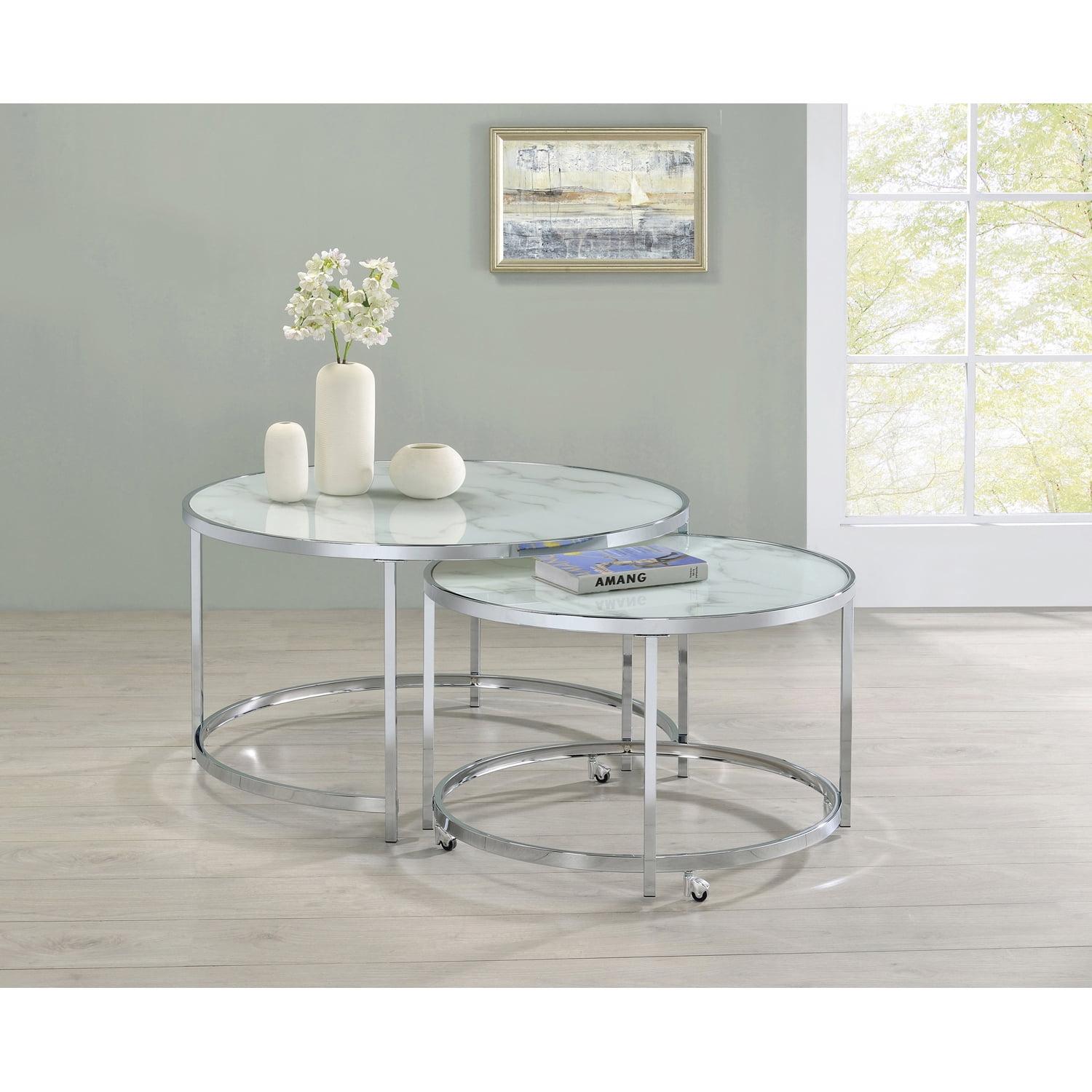 2pc Lynn Round Nesting Coffee Table Set: Marble Glass Top, Chrome Frame - Coaster