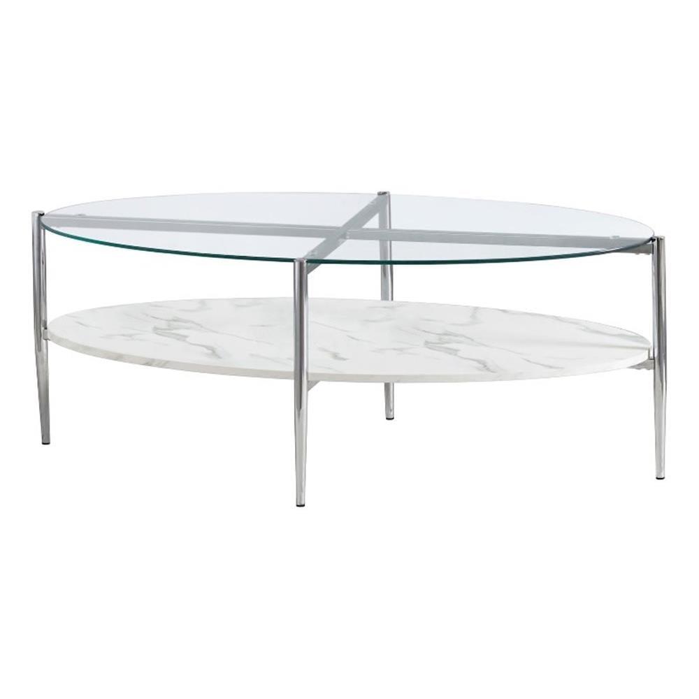 Cadee Oval Coffee Table with Glass Top and Faux Marble Shelf Chrome - Coaster