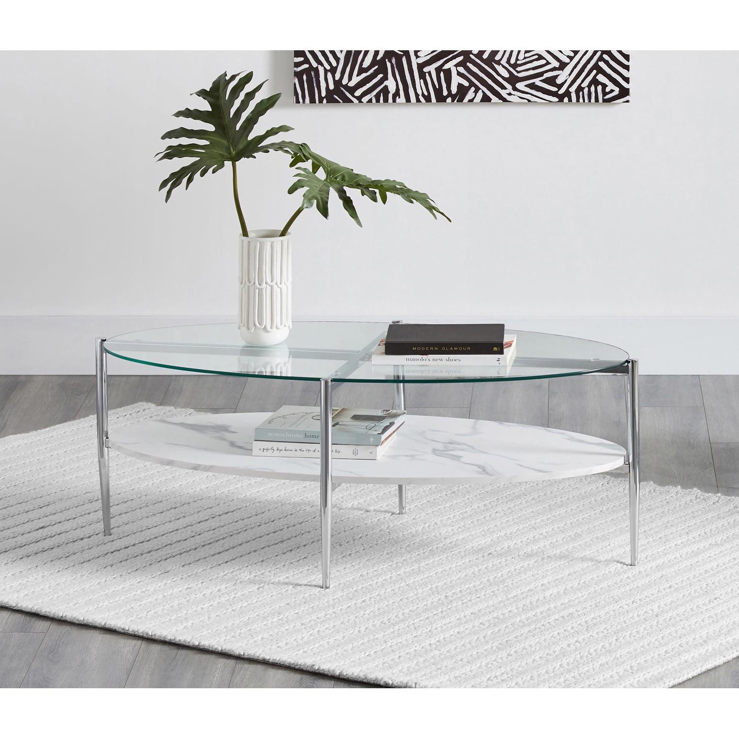 Cadee Oval Coffee Table with Glass Top and Faux Marble Shelf Chrome - Coaster