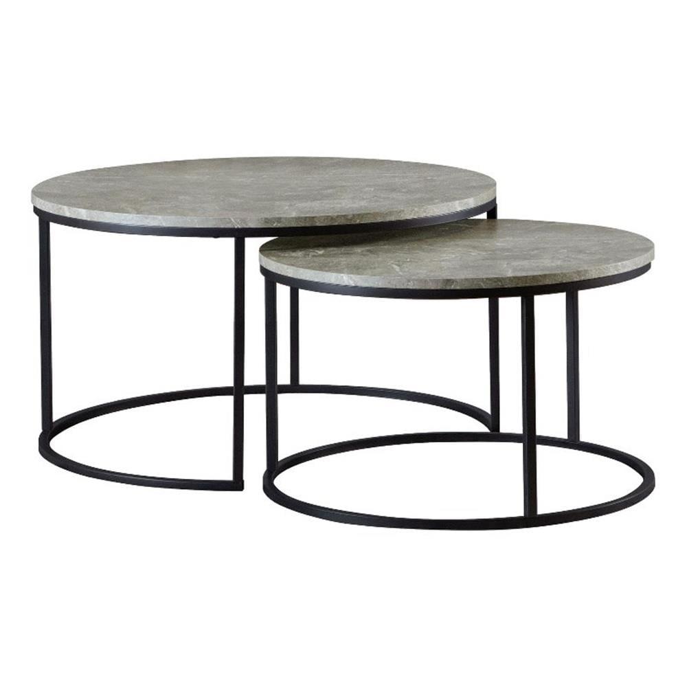 2pc Lainey Round Nesting Coffee Table Set with Faux Marble Top Gray/Black - Coaster