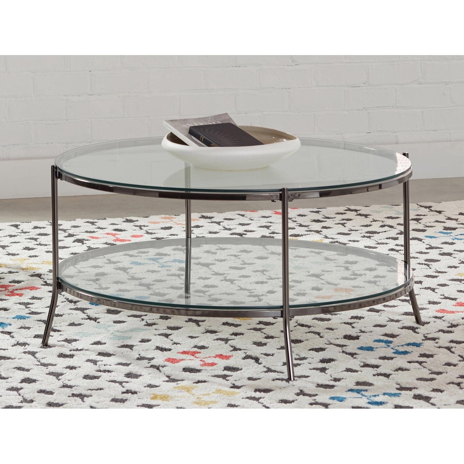 Modern Black Nickel Round Coffee Table with Glass Top