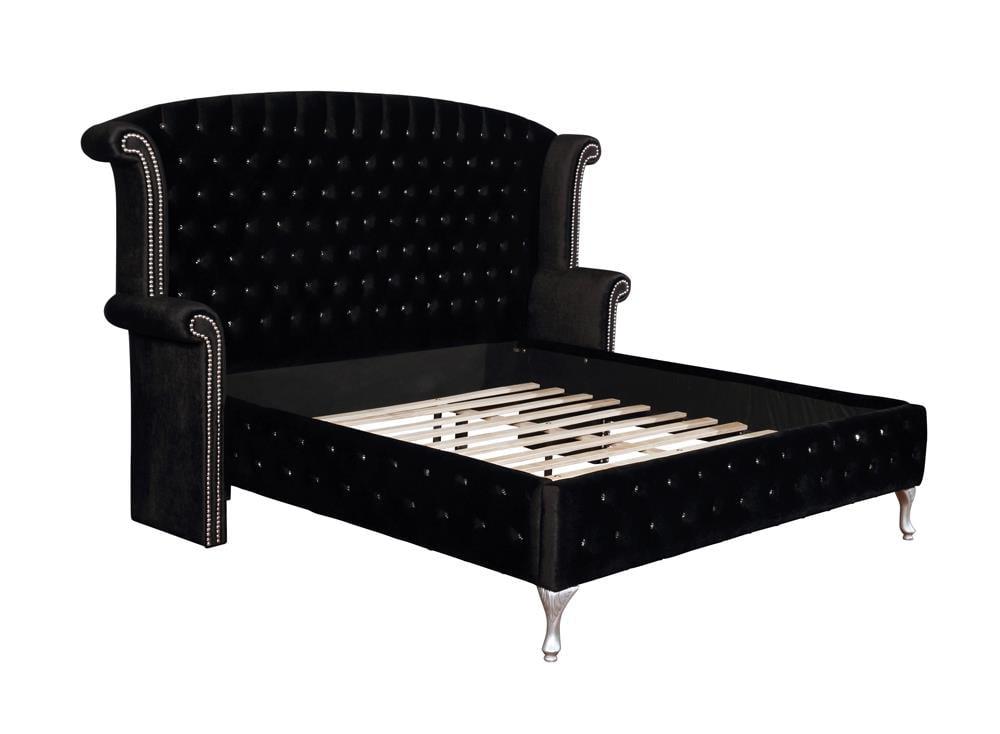 Transitional King Velvet Upholstered Platform Bed with Nailhead Trim